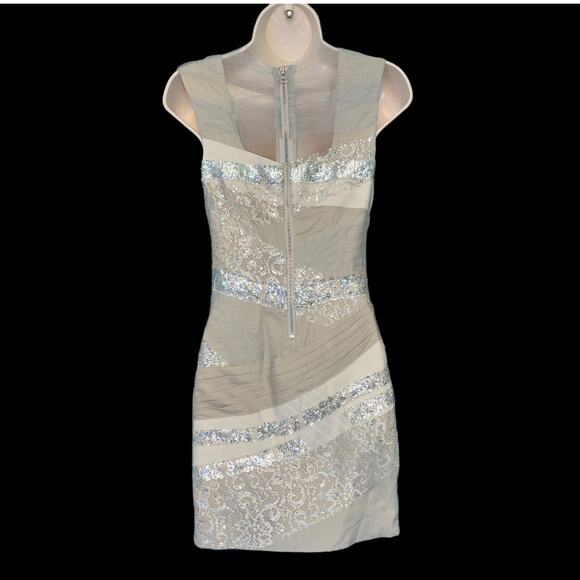 550 Alice + Olivia lace sequins tulle and silk oyster sliver sheath dress Size 0 - Picture 5 of 12